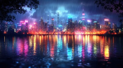 Fototapeta premium Rainy Night Cityscape: Vibrant Reflections on Still Water
