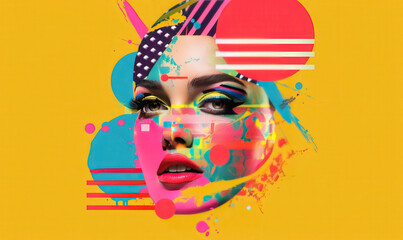 Bright and Colorful Portrait of a Woman with Bold Makeup and Abstract Geometric Shapes on a Vibrant Yellow Background