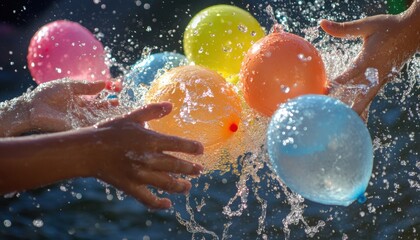 Colorful water balloons burst in a joyful summer celebration.