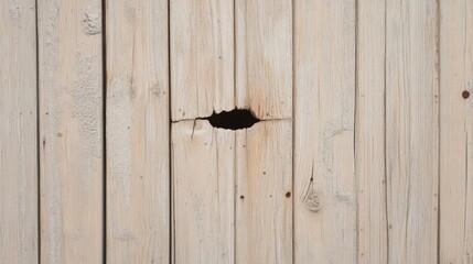 Close-up of weathered light beige wood planks with a hole.