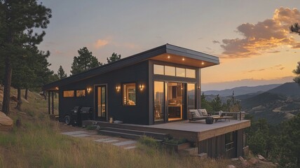 Obraz premium Modern Mountain Cabin at Sunset with Panoramic View