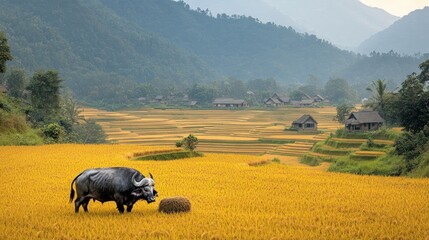Water buffalo grazes golden rice paddy, hillside village.