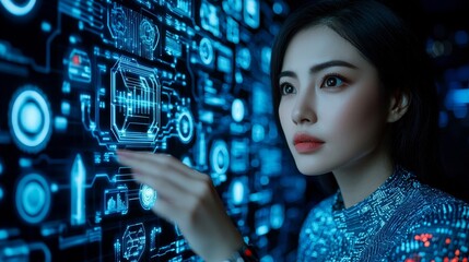 A young schoolgirl interacting with a digital screen featuring various educational options