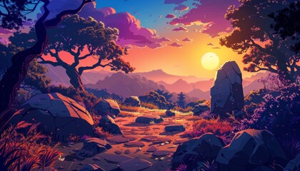 Obraz premium A digital illustration of a scenic sunset over a mountain range with a winding path leading through a forest.