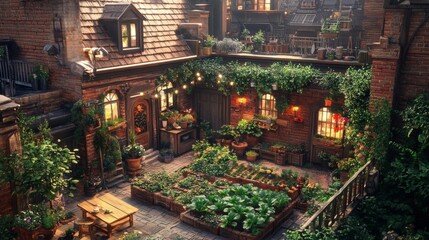 Fototapeta premium Lush Urban Garden in Brick Courtyard