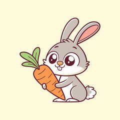 Vector illustration of a gray rabbit holding a carrot on a simple plain background.
