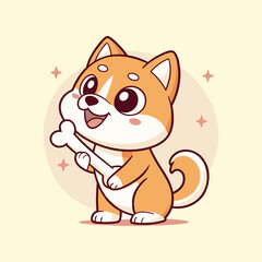 Vector illustration of a shiba inu holding a bone against a simple plain background.