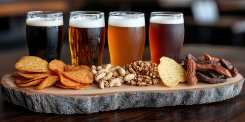 A variety of craft beers and snacks on a rustic platter, ideal for a tasting session among friends.