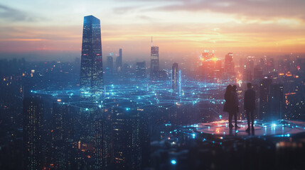 Fototapeta premium abstract professional business team people connection of line from nail node to node on Smart digital cityscap and skyline background , Innovation networking concept