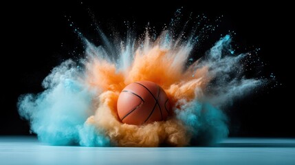 A basketball emerges from a burst of colorful powder, creating a dynamic visual impact that encapsulates the essence of sports and energetic motion.