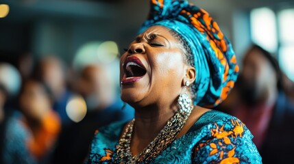 A woman passionately sings in a cultural gathering, her emotional expression captivating the audience, symbolizing joy and unity through music and shared experience.