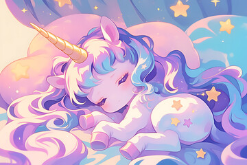 Obraz premium Cute sleeping unicorn with pastel colors resting on fluffy clouds surrounded by stars in a dreamy setting