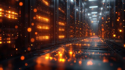 Illuminated server room corridor with glowing particles.