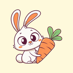 Vector illustration of a white rabbit holding a carrot on a simple plain background.