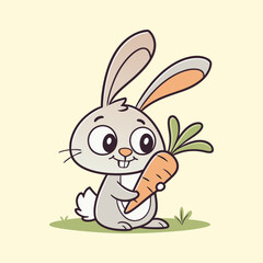 Vector illustration of a gray rabbit holding a carrot on a simple plain background.