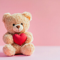 close-up cute toy teddy bear holding red heart on pink background with copy space