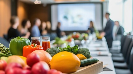 A professional nutrition seminar, in a conference room, discussing the benefits of a plant-based diet