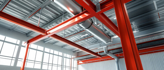 Perspective of vibrant red steel beams and air conditioning pipes in a spacious industrial warehouse