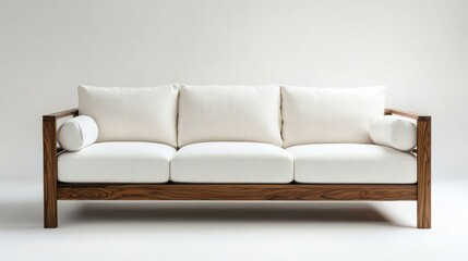 A minimalist sofa in white fabric with a sleek wooden frame, placed in a bright Scandinavian-inspired interior with natural accents