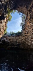 Melissani lake cave. The hole in cave seen from inside. Kefalonia island Greece 