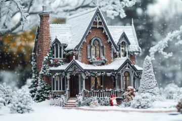A charming, snow-covered Gothic Revival Victorian-style house decorated for Christmas. The scene features a snowy landscape with evergreen trees and a snowman in front of the house.