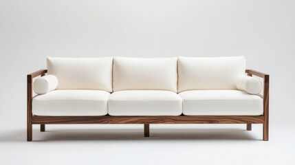 Obraz premium A minimalist sofa in white fabric with a sleek wooden frame, placed in a bright Scandinavian-inspired interior with natural accents