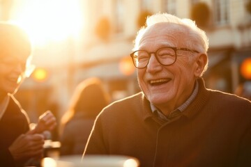 commercial photography for advertising campaign elderly man laughing with friends over coffee in outdoor café surrounded