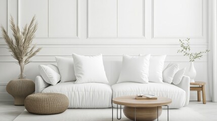A minimalist throw pillow in solid white with subtle textured details, perfectly complementing a clean, modern interior design