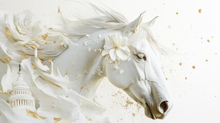 White horse, Capitol building, flowing mane, gold accents, elegance