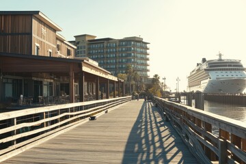 Scenic waterfront view featuring a wooden pier, modern buildings, and a cruise ship docked against a serene sky, ideal for travel and leisure concepts