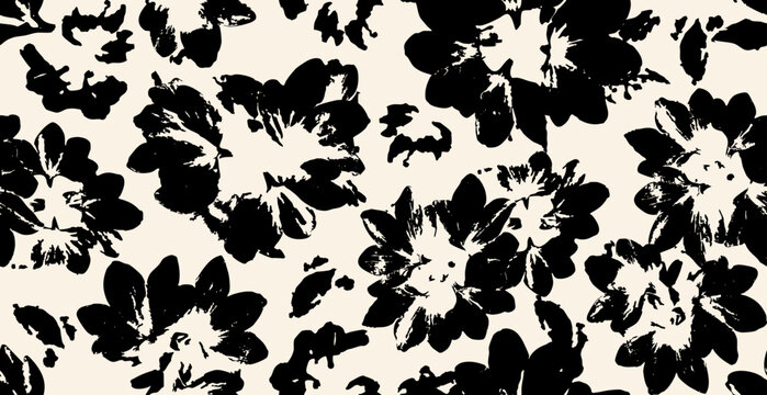 Abstract Modern monotone Hand-drawn flowers, silhouette botanical florals, seamless patterns with floral for textile design, fabric, wallpaper, covers, cards, wall art, posters, and decoration.