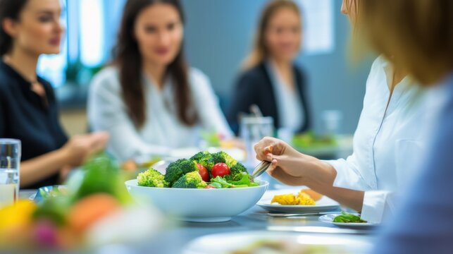 A professional nutrition seminar, in a conference room, discussing the benefits of a plant-based diet