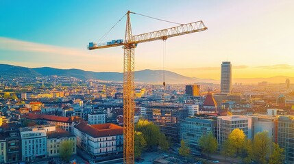A majestic crane stands tall atop a modern building, overlooking a bustling cityscape, blending nature and urban life in perfect harmony.