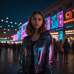 A confident girl standing in a bustling city square with neon lights reflecting around her.