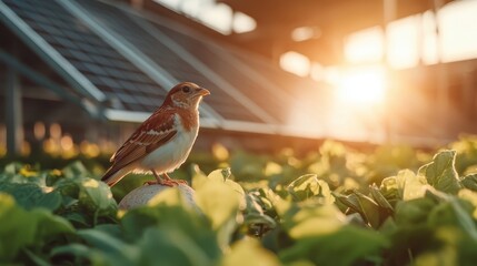 A bird perched on a rock amidst vibrant greenery, bathed in the warm glow of sunset with solar panels in the background, symbolizing nature and innovation coexisting harmoniously.