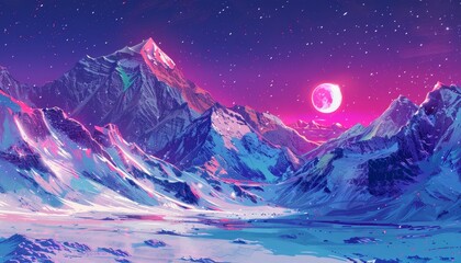 A vibrant, colorful, and surreal painting of a snow-capped mountain range, with a giant pink crescent moon in the sky and countless sparkling stars.