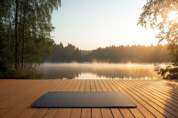 commercial photography for advertising campaign yoga mat rolled out on wooden deck overlooking peaceful lake at sunrise