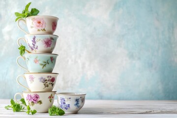 A stack of floral teacups with fresh mint, creating a charming and serene tea party scene.