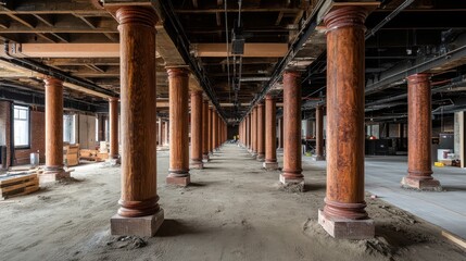 A skeletal framework of a building rises, adorned with numerous towering pillars reaching skyward, capturing the essence of construction in progress.