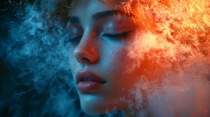 Fototapeta premium Serene Portrait of Woman in Cool Blue Mist