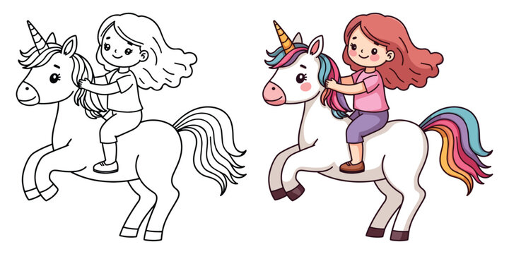 Cute Kawaii Unicorn and Little Girl Line Art Vector Illustration Black and White with Coloring Sample. Bold and Easy Animals Coloring Pages for Adults and Kids. Kids apparel print design