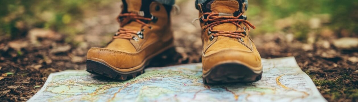 Hiker standing on a map in the forest, ready for an adventure.