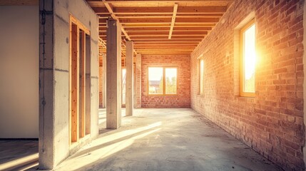 A cozy room features a rustic brick wall, softly illuminated by sunlight streaming through a large window, inviting warmth and tranquility.