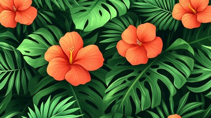 Tropical floral illustration with vibrant hibiscus flowers and lush green palm leaves