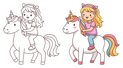 Naklejka premium Cute Kawaii Unicorn and Little Girl Line Art Vector Illustration Black and White with Coloring Sample. Bold and Easy Animals Coloring Pages for Adults and Kids. Kids apparel print design