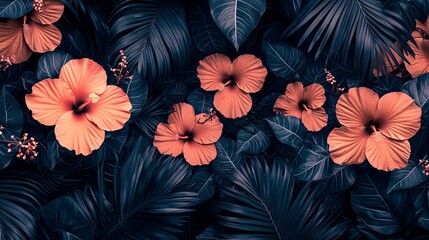 Tropical floral pattern with peach hibiscus flowers and dark blue green leaves background