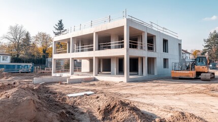Obraz premium A bustling construction site comes alive with a bright yellow bulldozer, as workers diligently build the skeleton of a new home beneath a clear blue sky.