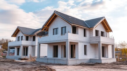 A vibrant house rises, its blue roof standing out against the expansive sky, a blend of dreams and ambition taking shape amidst the construction bustle.