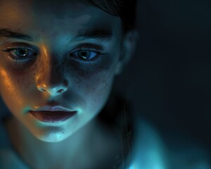 A closeup portrait of a young girl illuminated by the glow of a smartphone screen in a dark room. Smartphone and social media addiction. Cyber risk and teenager