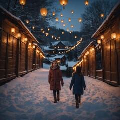 Fototapeta premium A confident girl striding through a snowy village lit by lanterns.